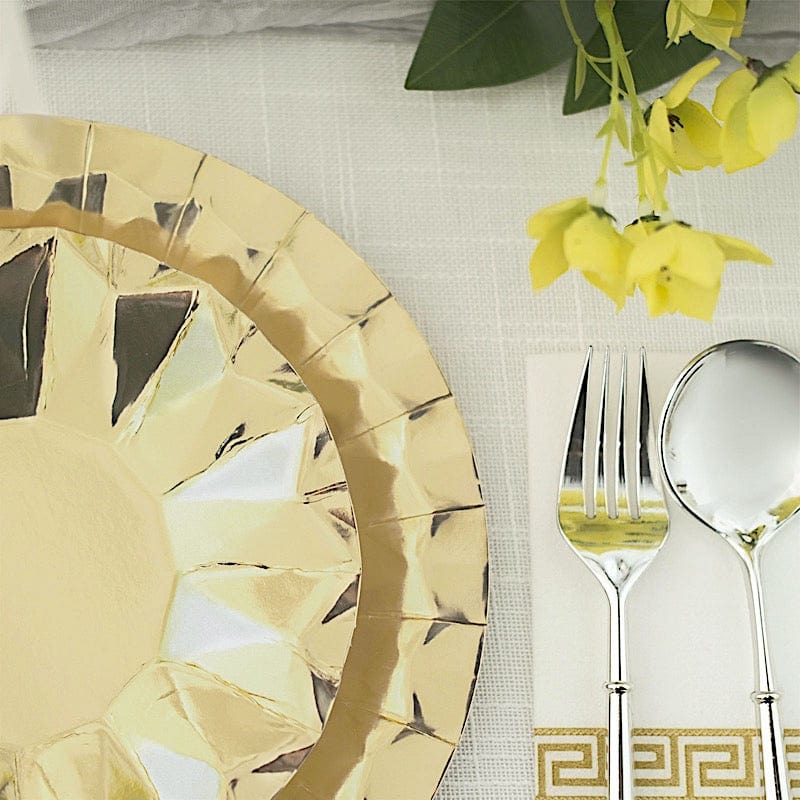 25 Metallic Round Paper Salad Dinner Plates with Geometric Design - Disposable Tableware