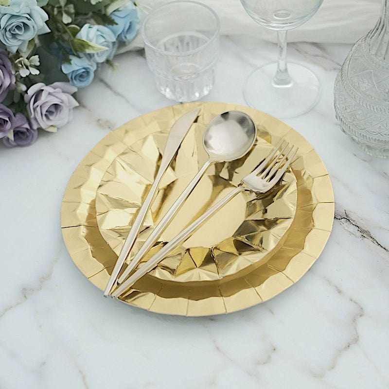25 Metallic Round Paper Salad Dinner Plates with Geometric Design - Disposable Tableware