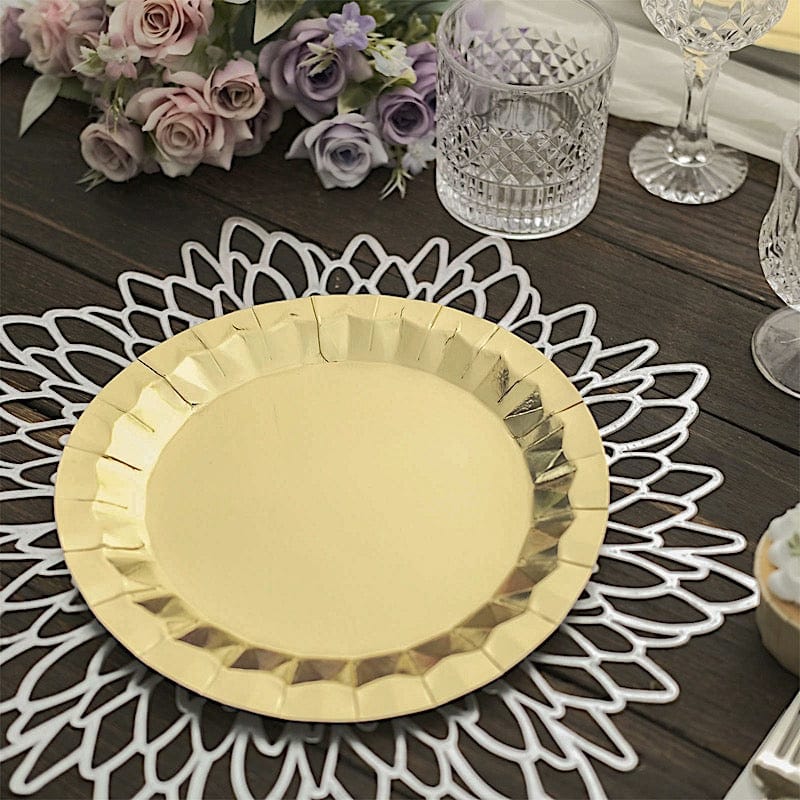 25 Metallic Round Paper Salad Dinner Plates with Geometric Design - Disposable Tableware