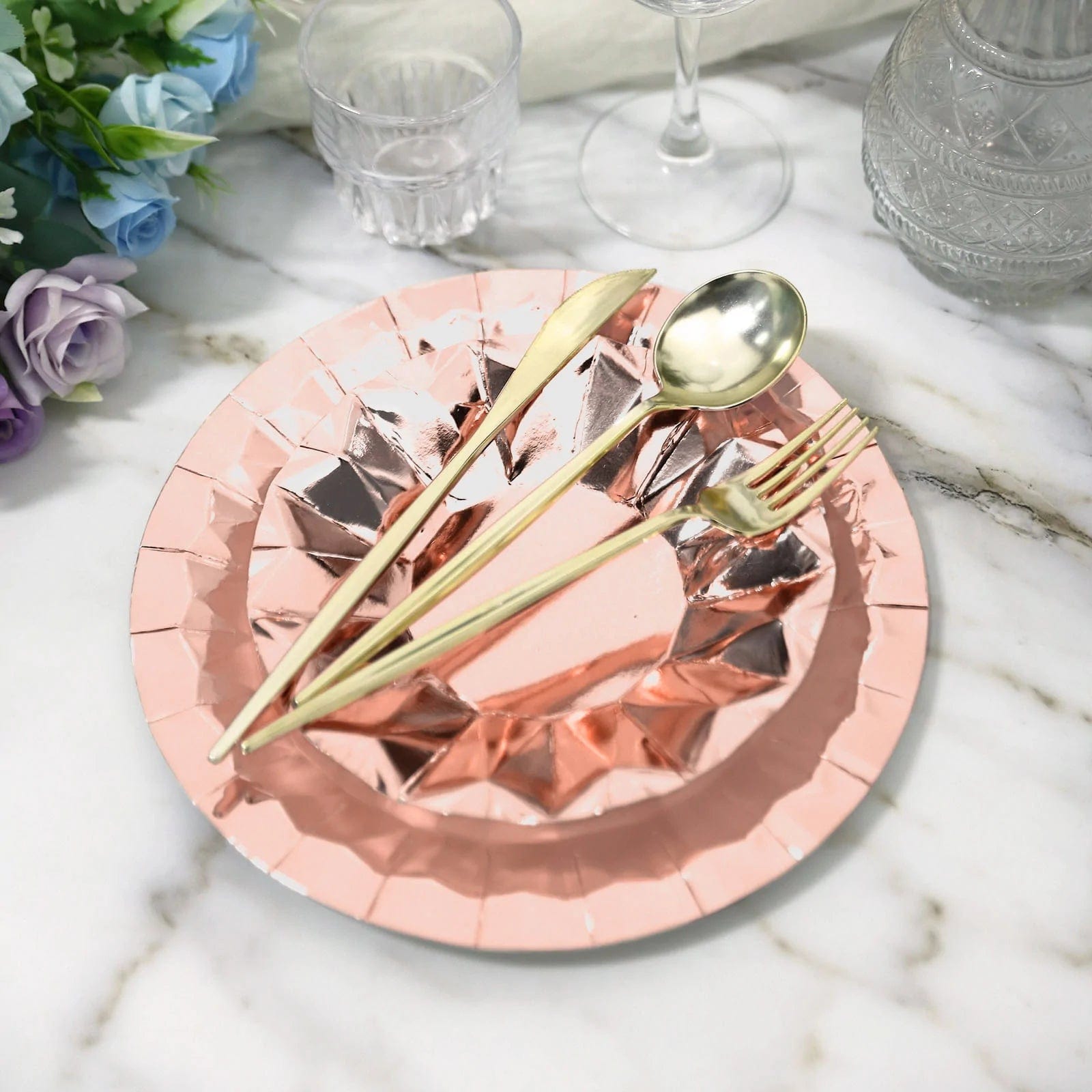 25 Metallic Round Paper Salad Dinner Plates with Geometric Design - Disposable Tableware