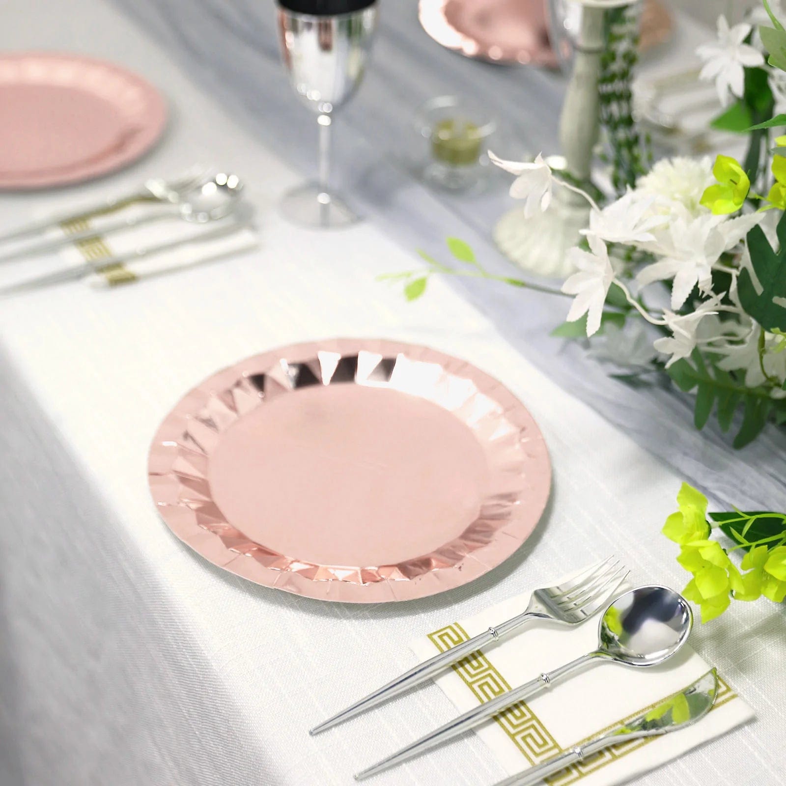 25 Metallic Round Paper Salad Dinner Plates with Geometric Design - Disposable Tableware