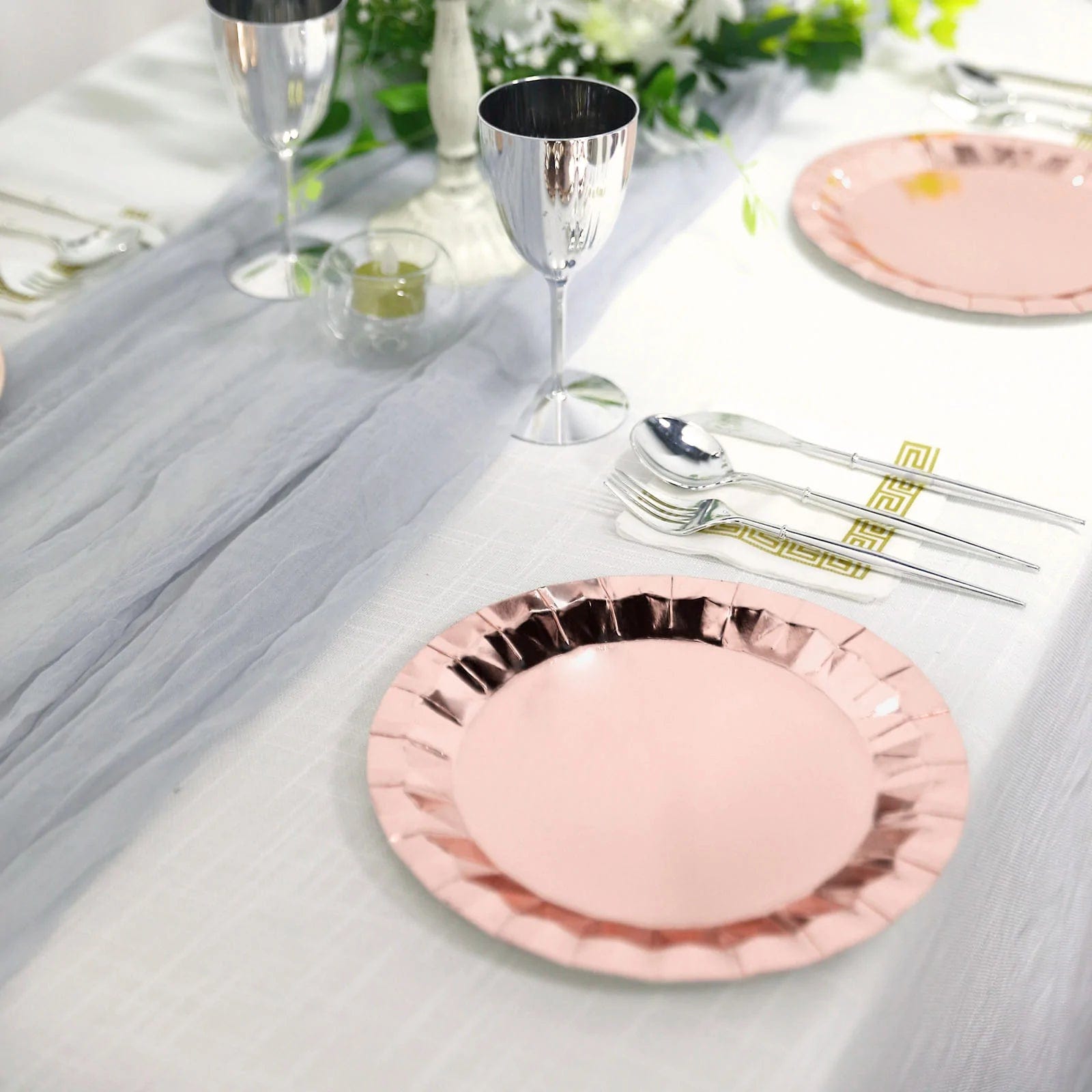 25 Metallic Round Paper Salad Dinner Plates with Geometric Design - Disposable Tableware