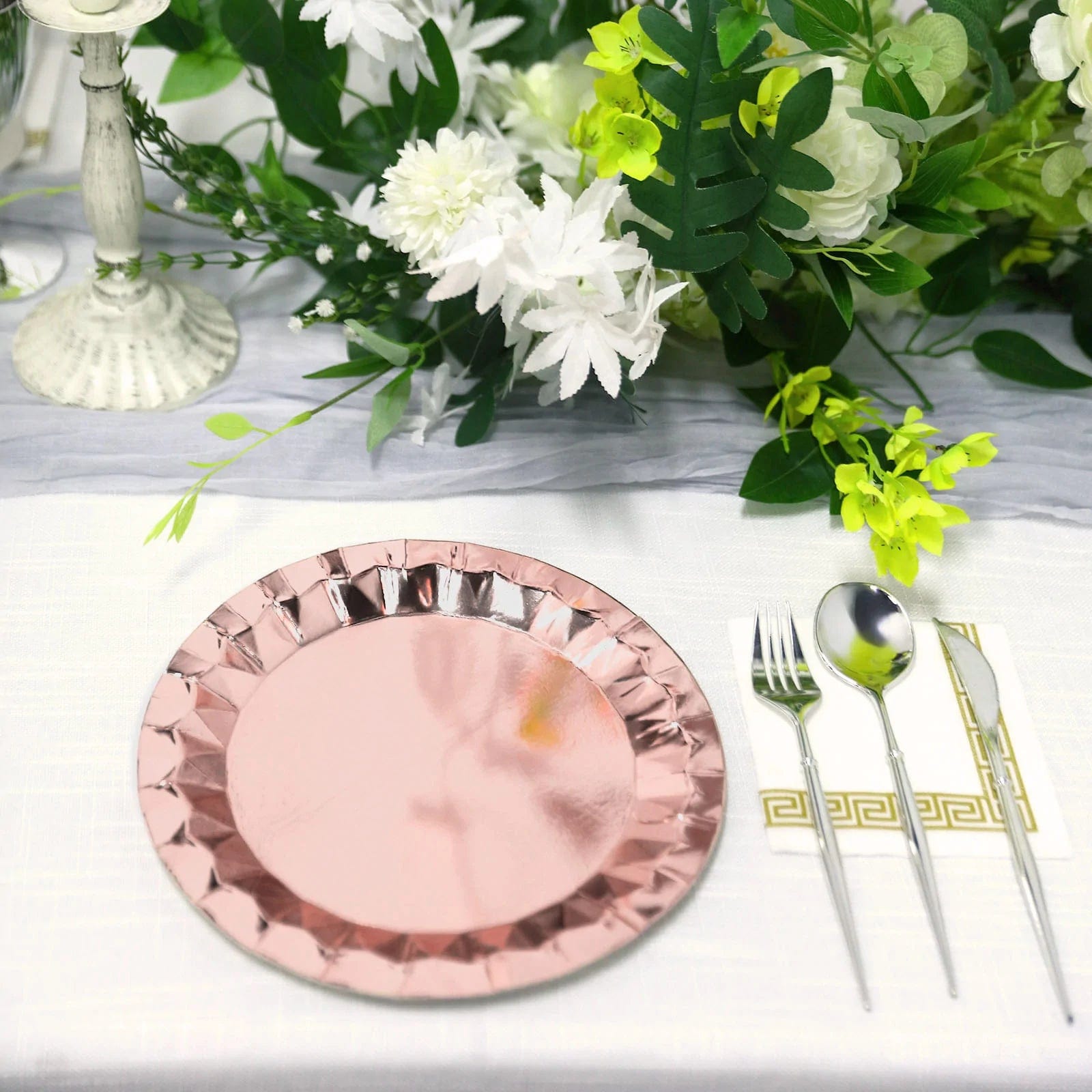 25 Metallic Round Paper Salad Dinner Plates with Geometric Design - Disposable Tableware