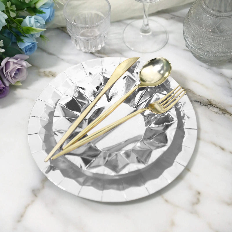 25 Metallic Round Paper Salad Dinner Plates with Geometric Design - Disposable Tableware