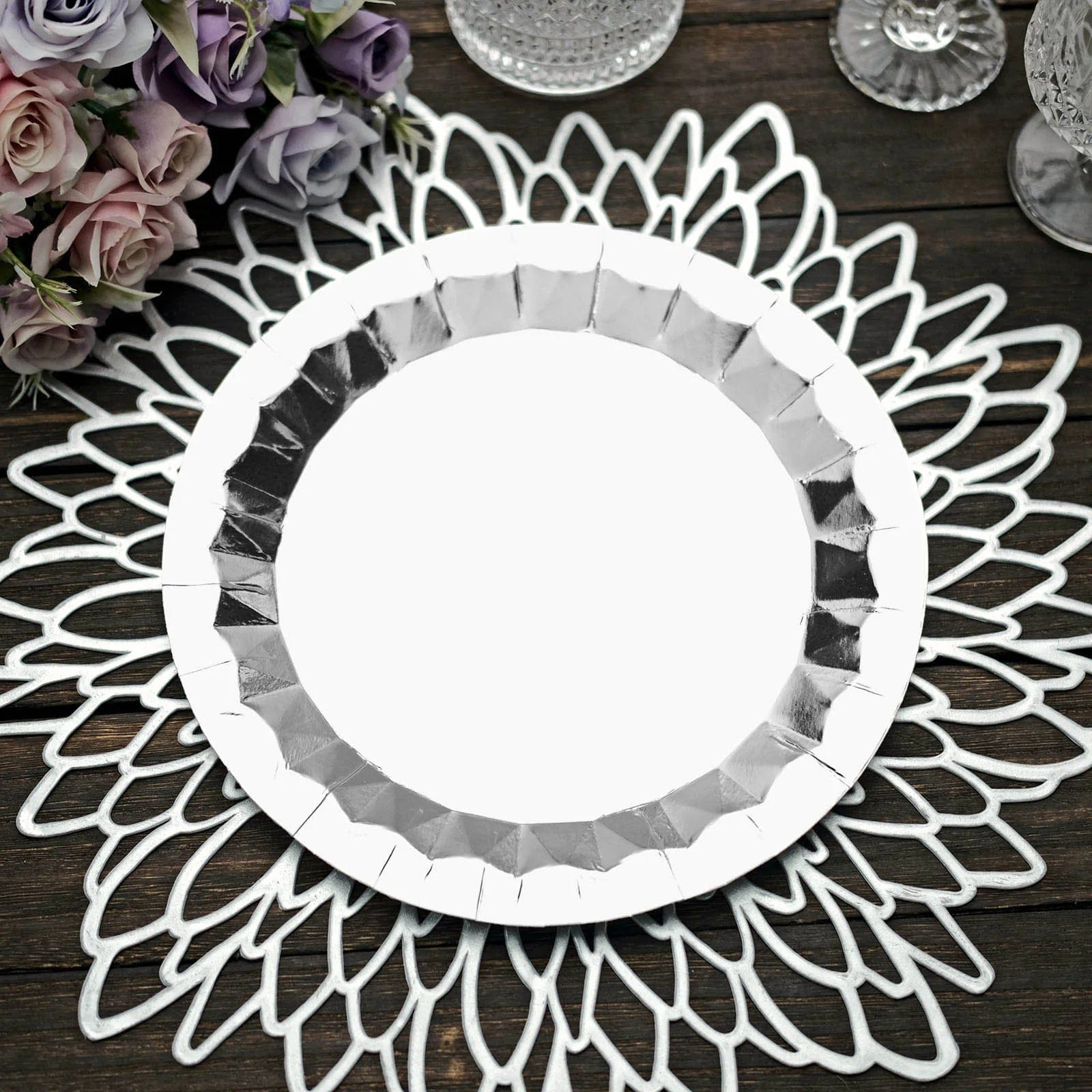 25 Metallic Round Paper Salad Dinner Plates with Geometric Design - Disposable Tableware