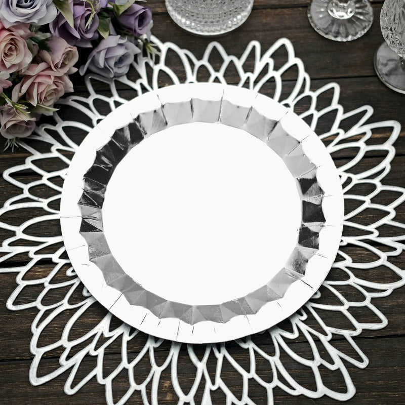 25 Metallic Round Paper Salad Dinner Plates with Geometric Design - Disposable Tableware
