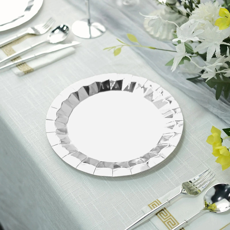 25 Metallic Round Paper Salad Dinner Plates with Geometric Design - Disposable Tableware