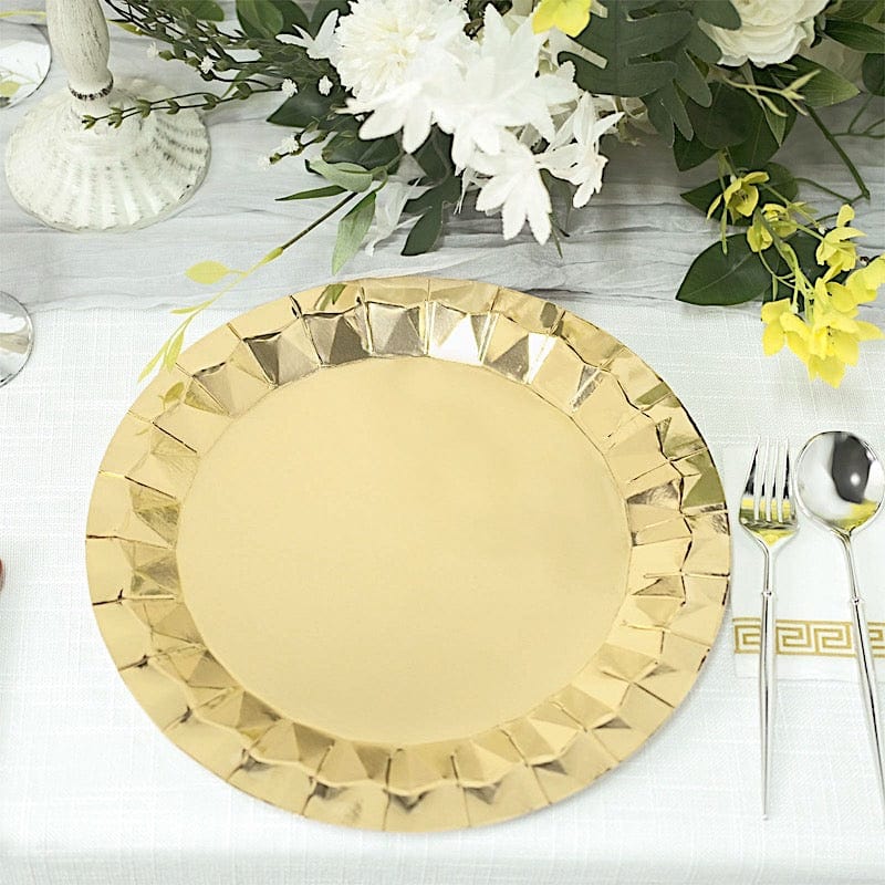 25 Metallic Round Paper Salad Dinner Plates with Geometric Design - Disposable Tableware