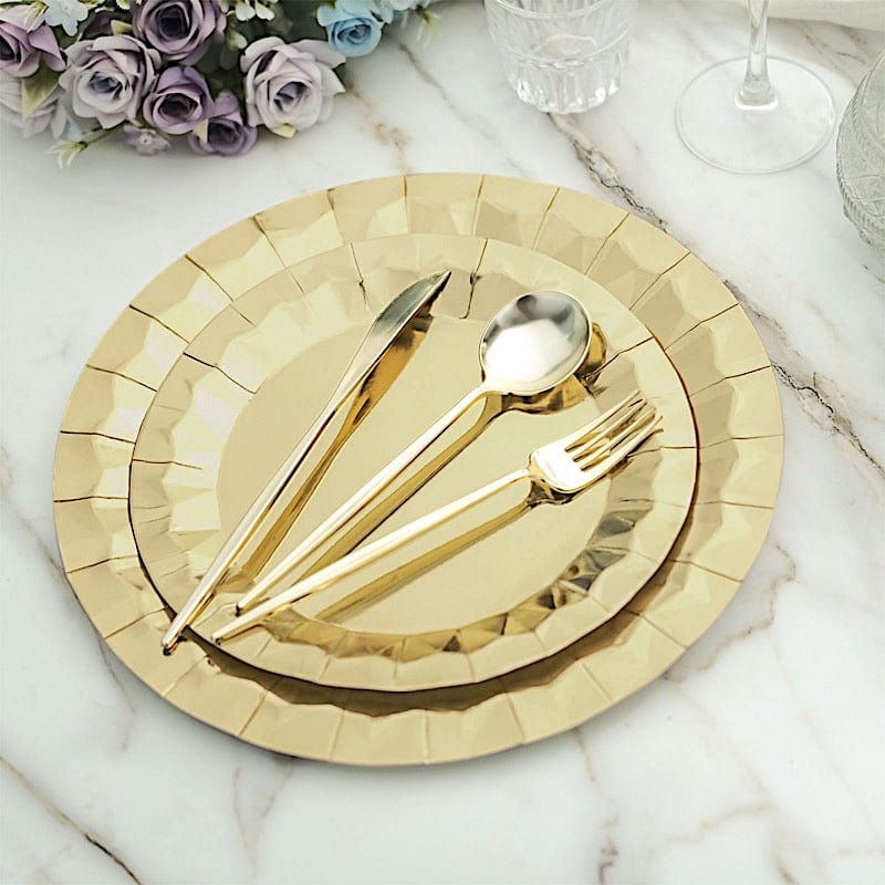 25 Metallic Round Paper Salad Dinner Plates with Geometric Design - Disposable Tableware