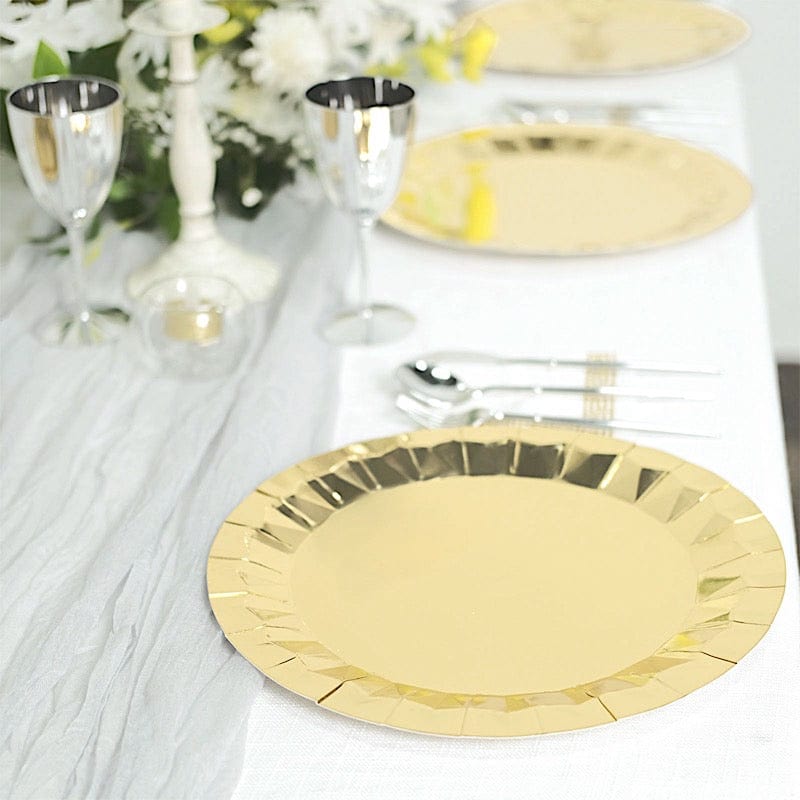 25 Metallic Round Paper Salad Dinner Plates with Geometric Design - Disposable Tableware