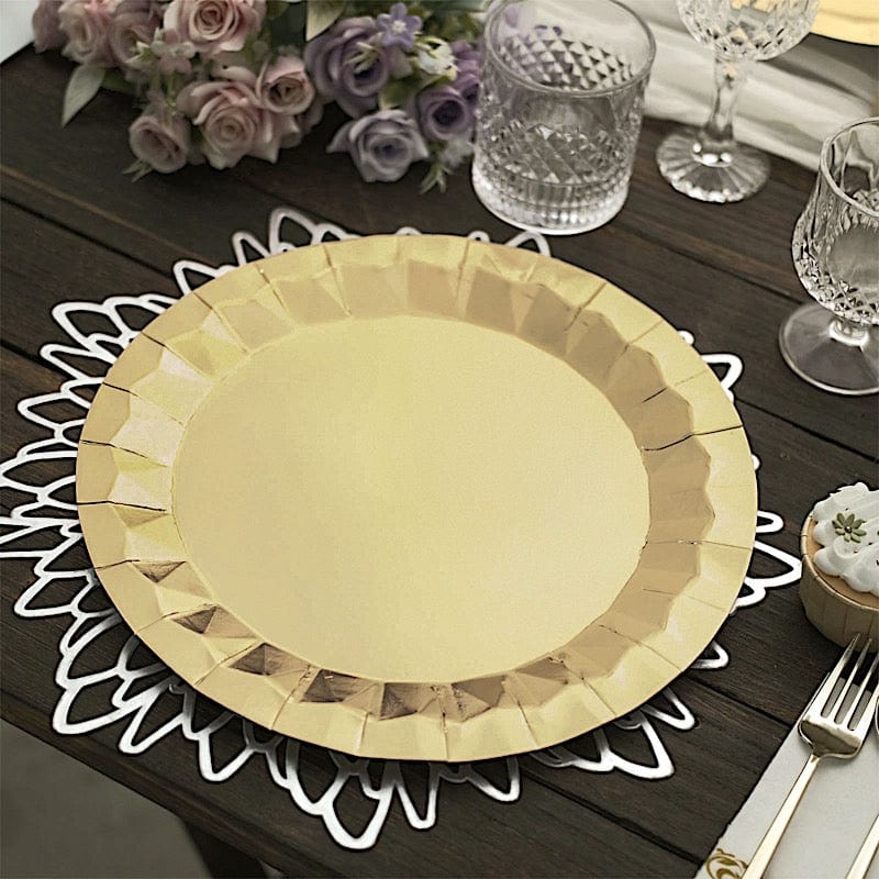 25 Metallic Round Paper Salad Dinner Plates with Geometric Design - Disposable Tableware