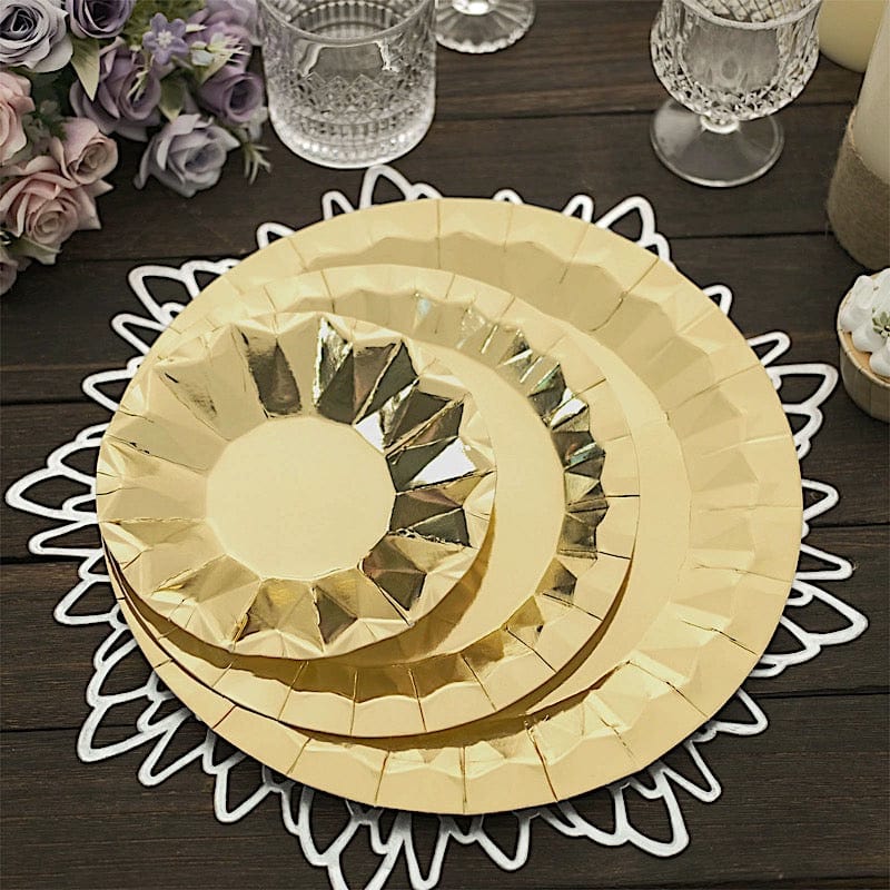 25 Metallic Round Paper Salad Dinner Plates with Geometric Design - Disposable Tableware