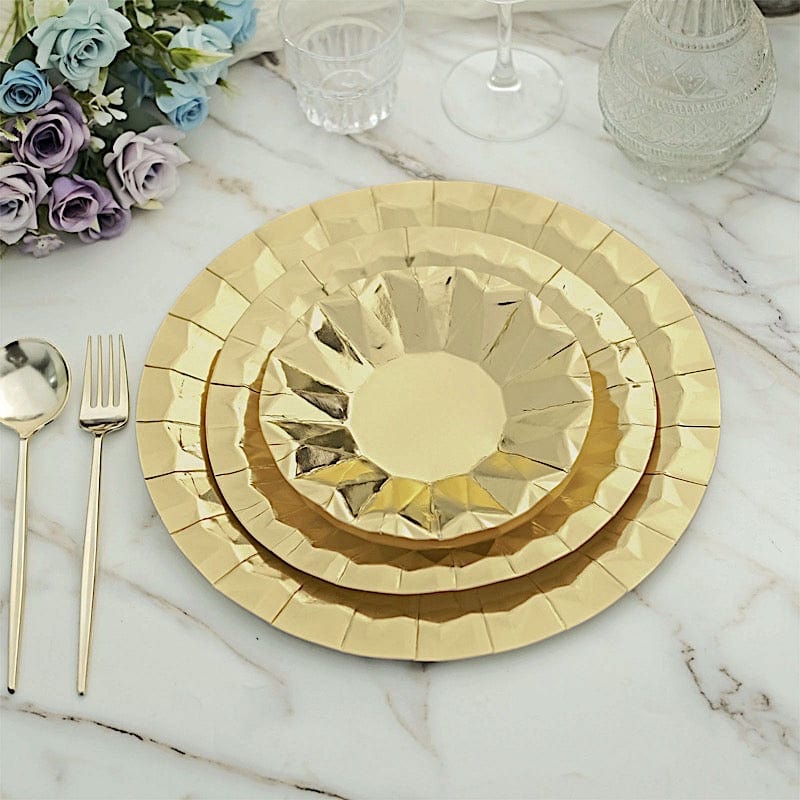 25 Metallic Round Paper Salad Dinner Plates with Geometric Design - Disposable Tableware