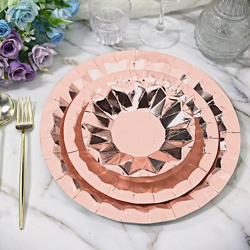 25 Metallic Round Paper Salad Dinner Plates with Geometric Design - Disposable Tableware