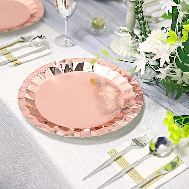 25 Metallic Round Paper Salad Dinner Plates with Geometric Design - Disposable Tableware