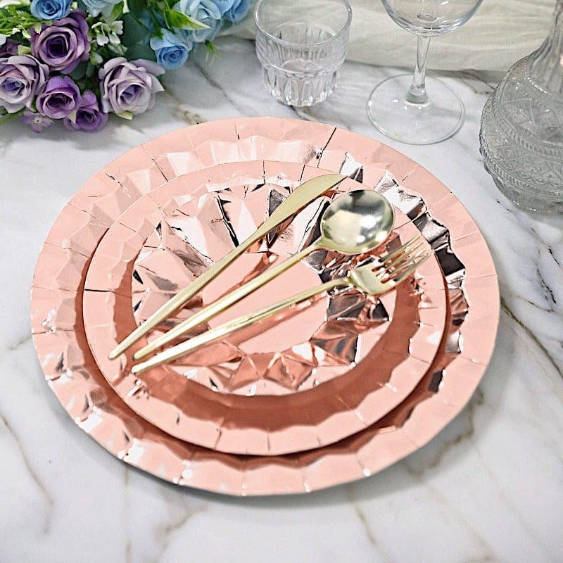 25 Metallic Round Paper Salad Dinner Plates with Geometric Design - Disposable Tableware