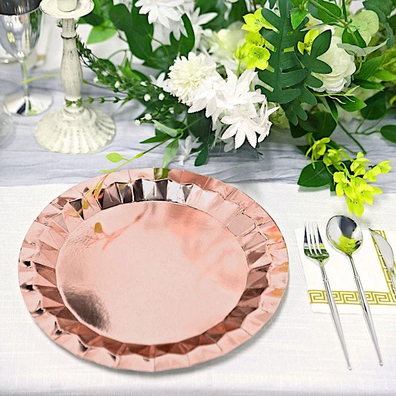 25 Metallic Round Paper Salad Dinner Plates with Geometric Design - Disposable Tableware