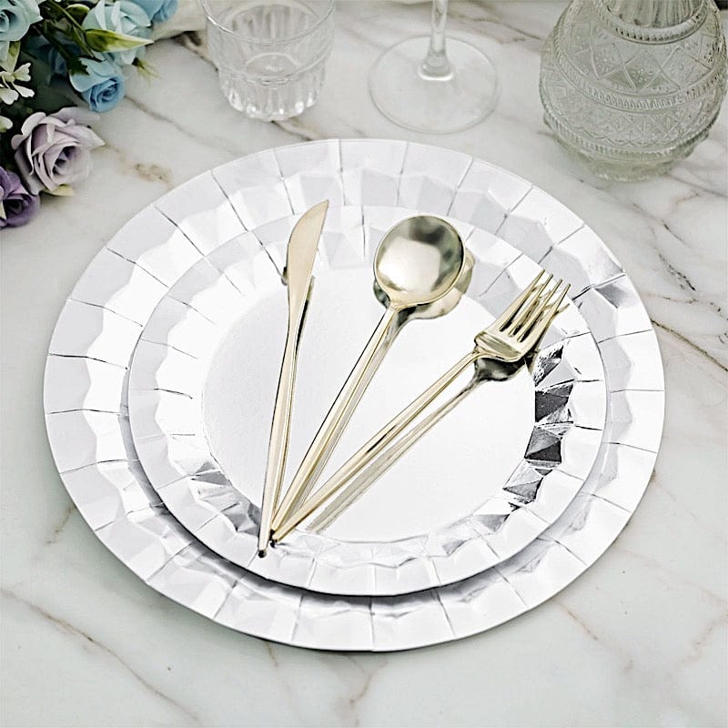 25 Metallic Round Paper Salad Dinner Plates with Geometric Design - Disposable Tableware