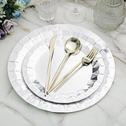25 Metallic Round Paper Salad Dinner Plates with Geometric Design - Disposable Tableware