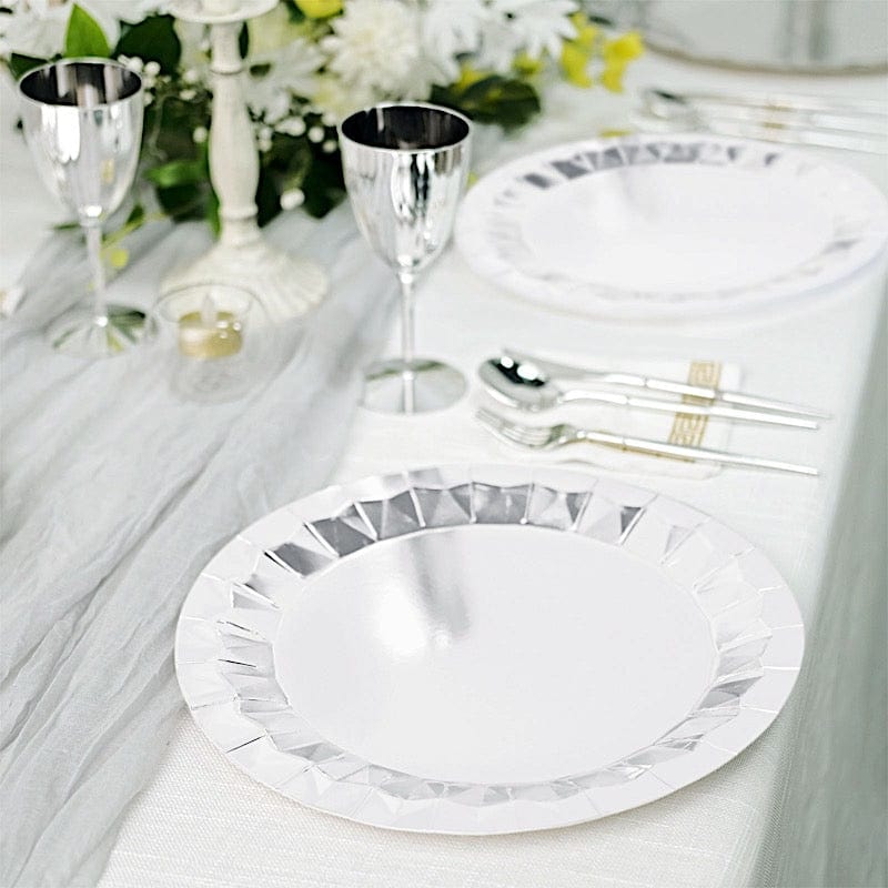 25 Metallic Round Paper Salad Dinner Plates with Geometric Design - Disposable Tableware