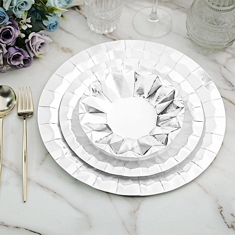 25 Metallic Round Paper Salad Dinner Plates with Geometric Design - Disposable Tableware