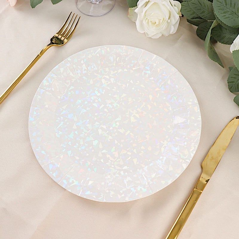 25 Metallic Round Paper Salad Dinner Plates with Geometric Design - Disposable Tableware