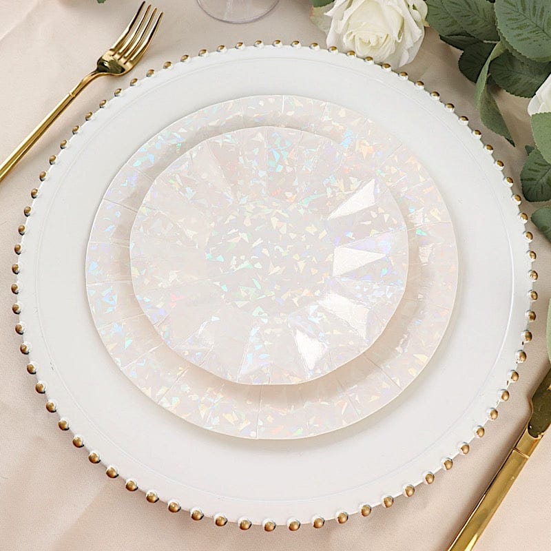 25 Metallic Round Paper Salad Dinner Plates with Geometric Design - Disposable Tableware