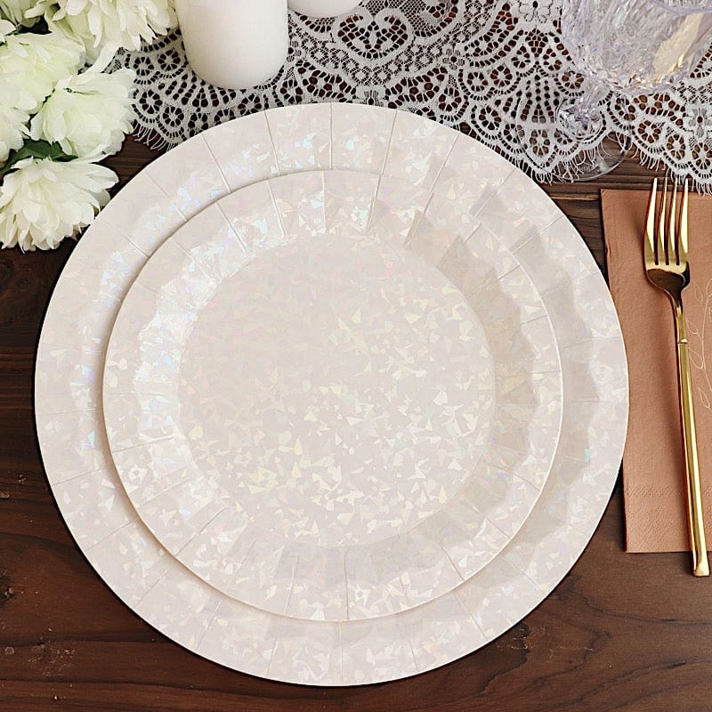25 Metallic Round Paper Salad Dinner Plates with Geometric Design - Disposable Tableware