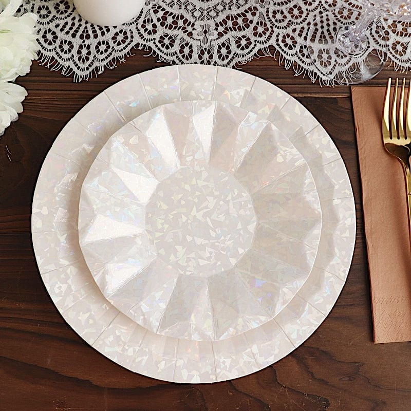 25 Metallic Round Paper Salad Dinner Plates with Geometric Design - Disposable Tableware
