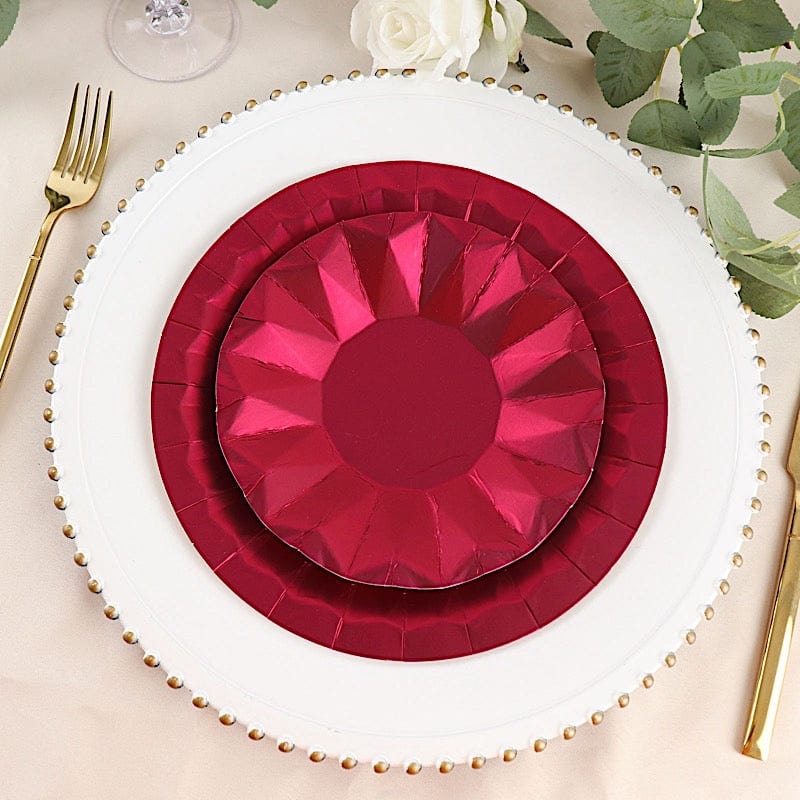25 Metallic Round Paper Salad Dinner Plates with Geometric Design - Disposable Tableware