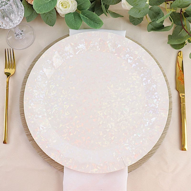25 Metallic Round Paper Salad Dinner Plates with Geometric Design - Disposable Tableware