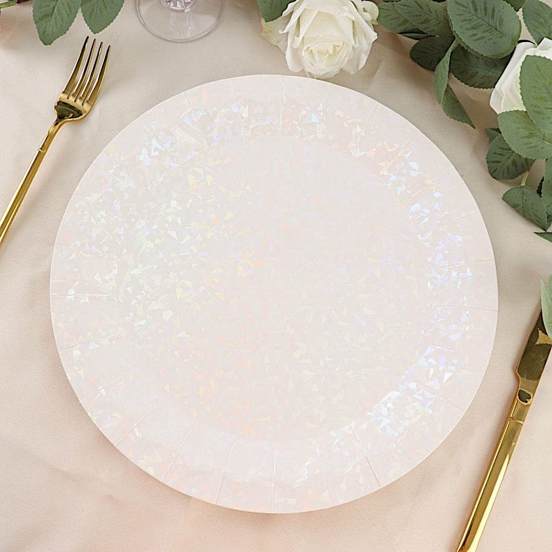 25 Metallic Round Paper Salad Dinner Plates with Geometric Design - Disposable Tableware