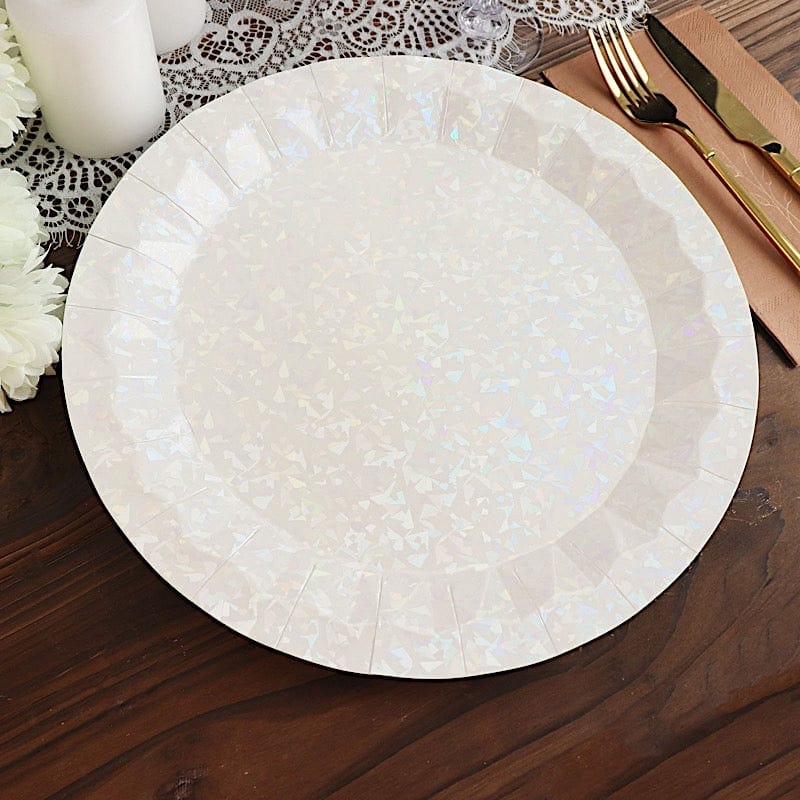 25 Metallic Round Paper Salad Dinner Plates with Geometric Design - Disposable Tableware