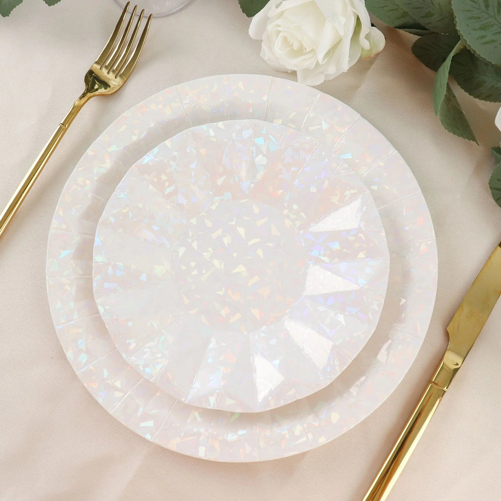 25 Metallic Round Paper Salad Dinner Plates with Geometric Design - Disposable Tableware