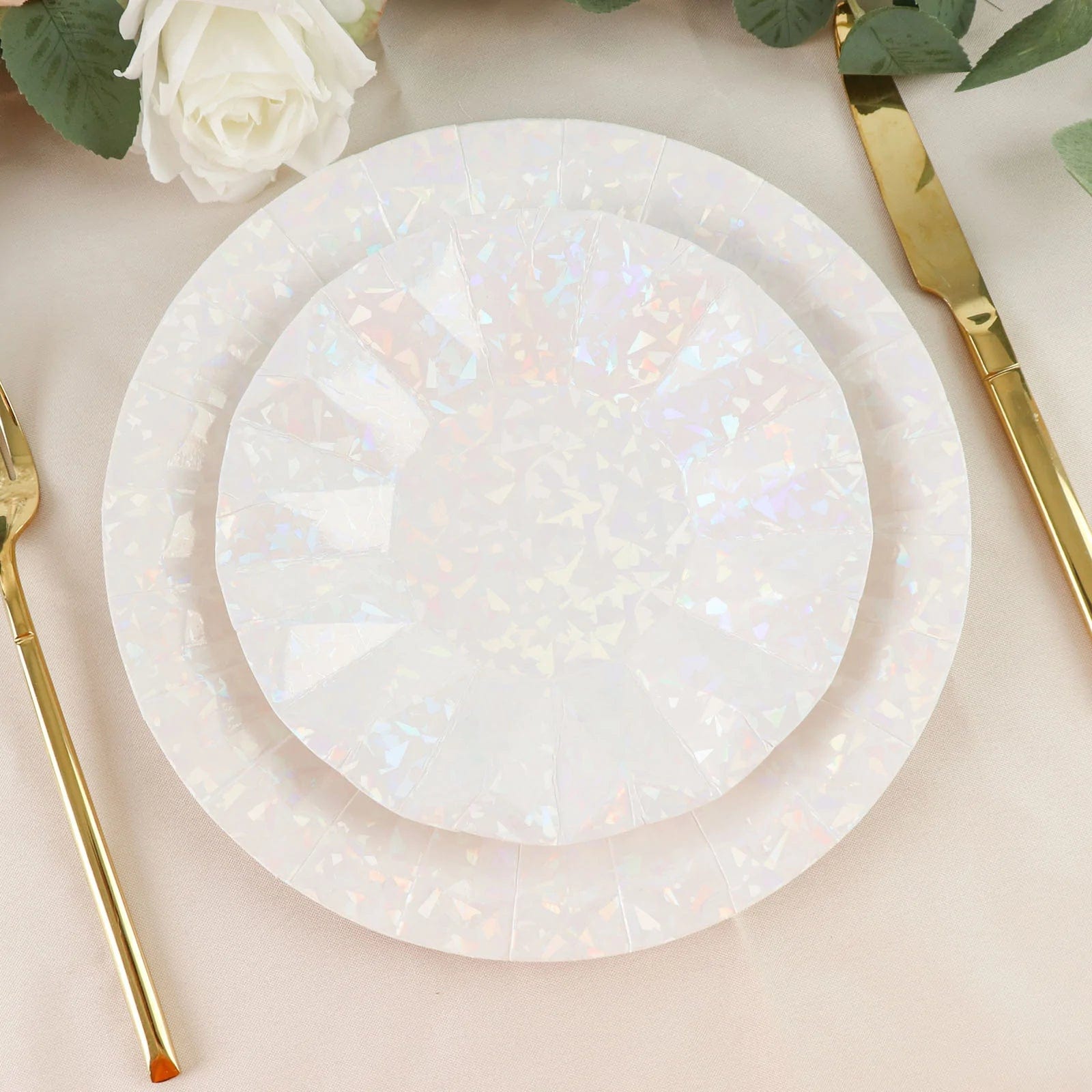 25 Metallic Round Paper Salad Dinner Plates with Geometric Design - Disposable Tableware