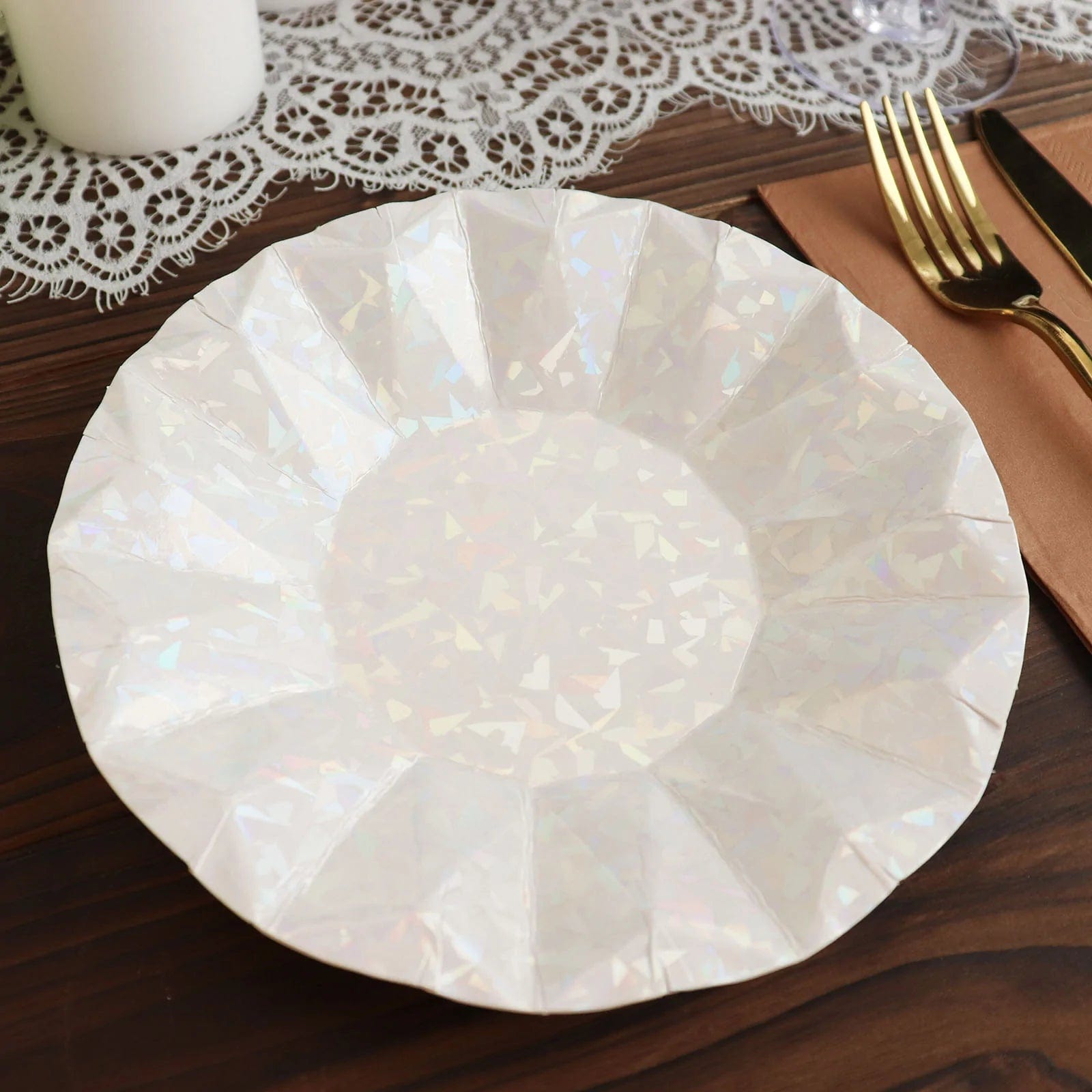 25 Metallic Round Paper Salad Dinner Plates with Geometric Design - Disposable Tableware