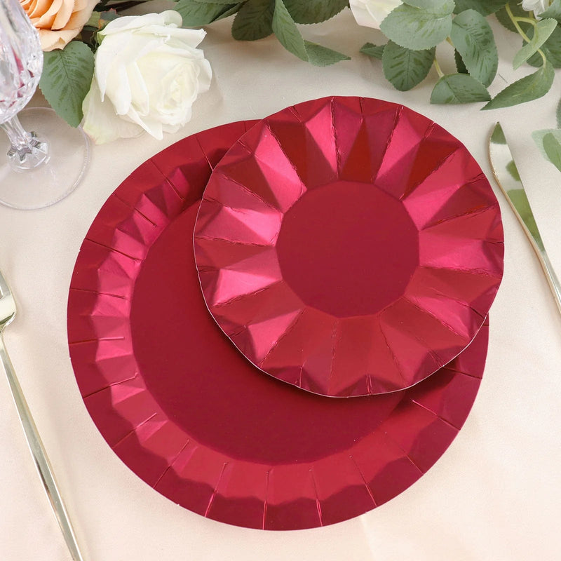 25 Metallic Round Paper Salad Dinner Plates with Geometric Design - Disposable Tableware
