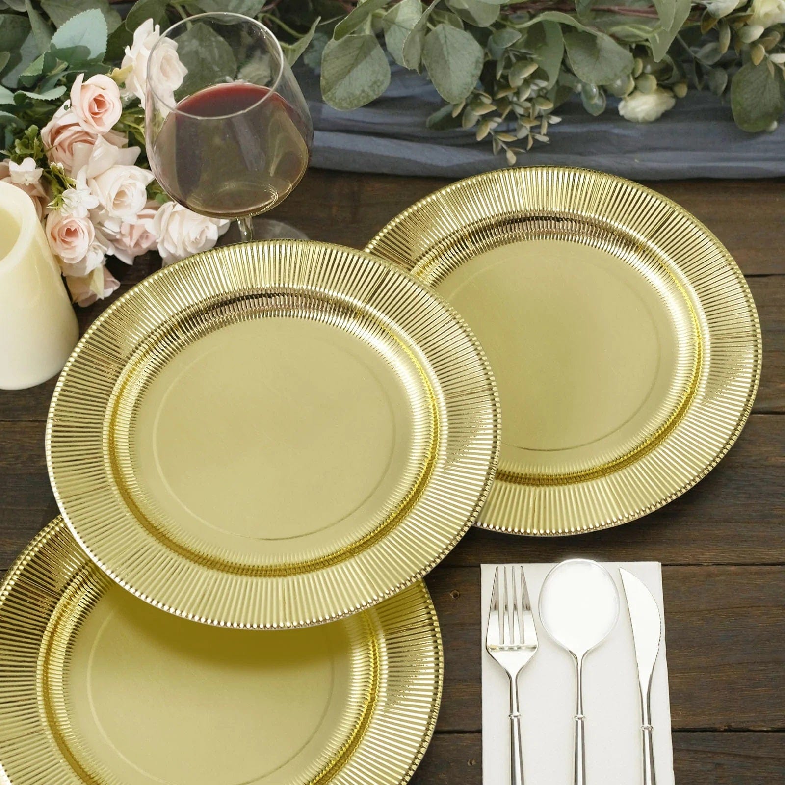 25 Metallic Round Paper Salad Dinner Plates with Textured Rim - Disposable Tableware