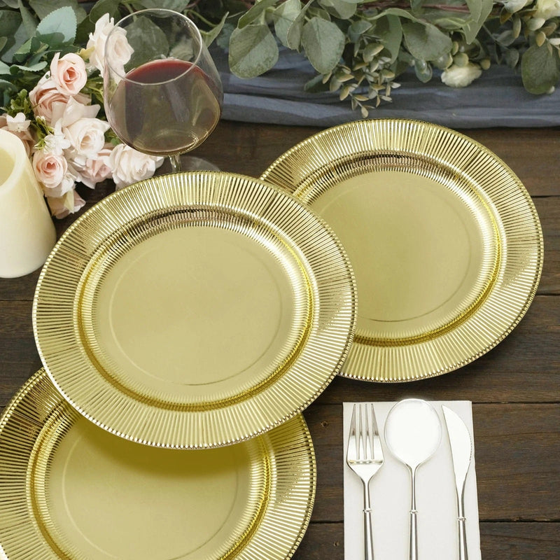 25 Metallic Round Paper Salad Dinner Plates with Textured Rim - Disposable Tableware