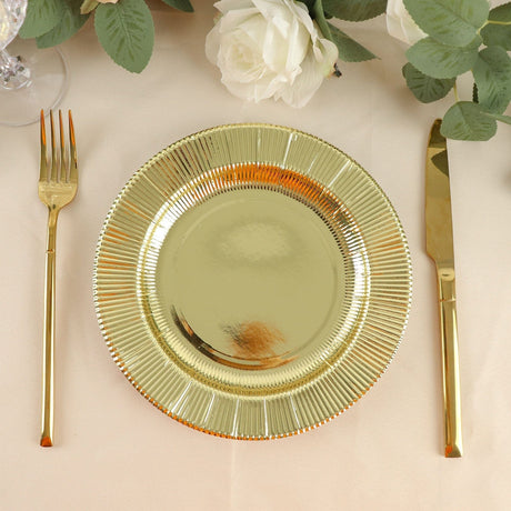 25 Metallic Round Paper Salad Dinner Plates with Textured Rim - Disposable Tableware