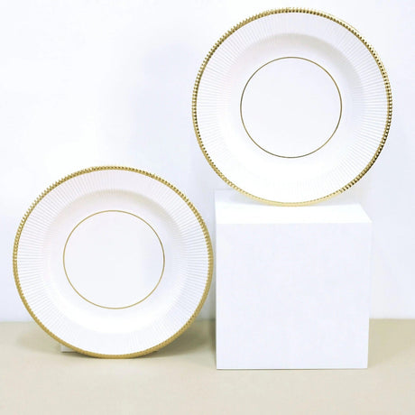 25 Metallic Round Paper Salad Dinner Plates with Textured Rim - Disposable Tableware