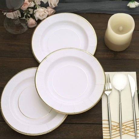 25 Metallic Round Paper Salad Dinner Plates with Textured Rim - Disposable Tableware