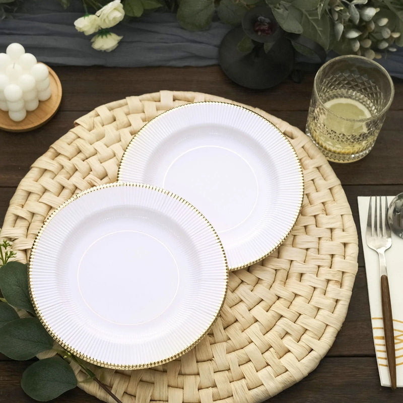 25 Metallic Round Paper Salad Dinner Plates with Textured Rim - Disposable Tableware