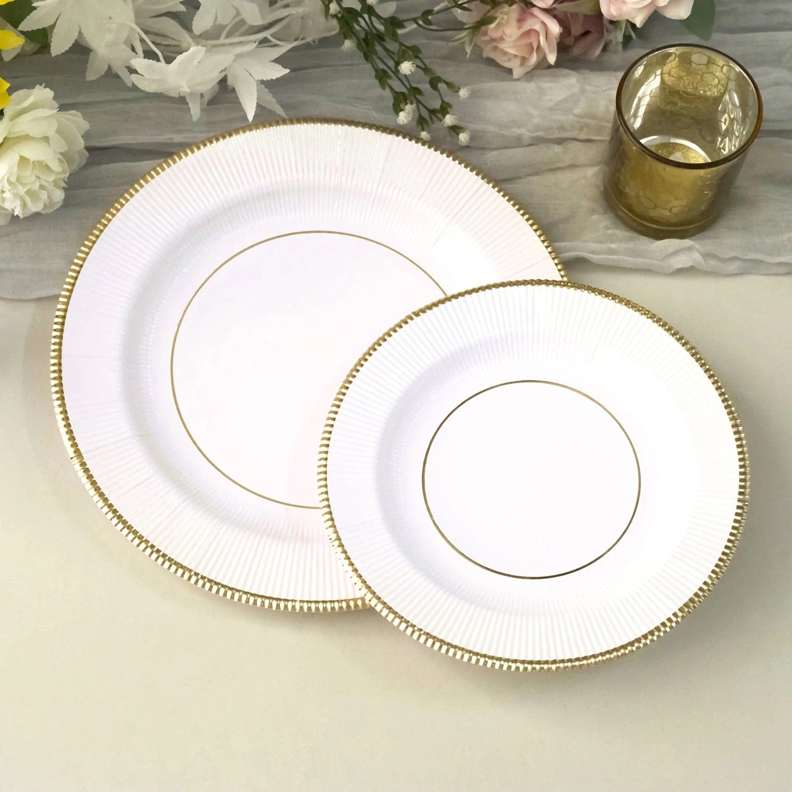 25 Metallic Round Paper Salad Dinner Plates with Textured Rim - Disposable Tableware
