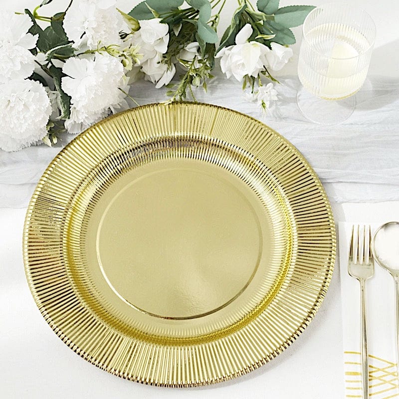 25 Metallic Round Paper Salad Dinner Plates with Textured Rim - Disposable Tableware