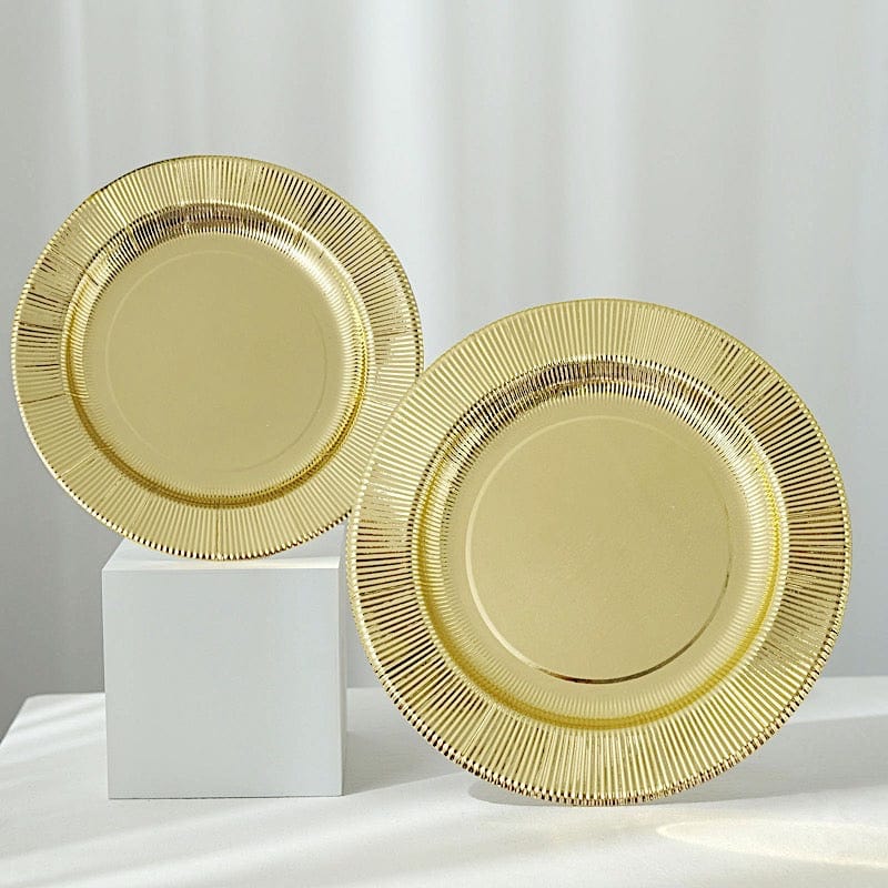 25 Metallic Round Paper Salad Dinner Plates with Textured Rim - Disposable Tableware