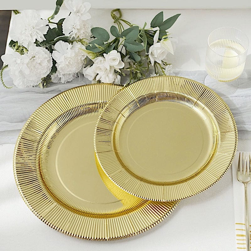 25 Metallic Round Paper Salad Dinner Plates with Textured Rim - Disposable Tableware