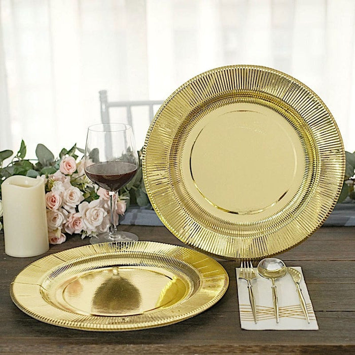 25 Metallic Round Paper Salad Dinner Plates with Textured Rim - Disposable Tableware