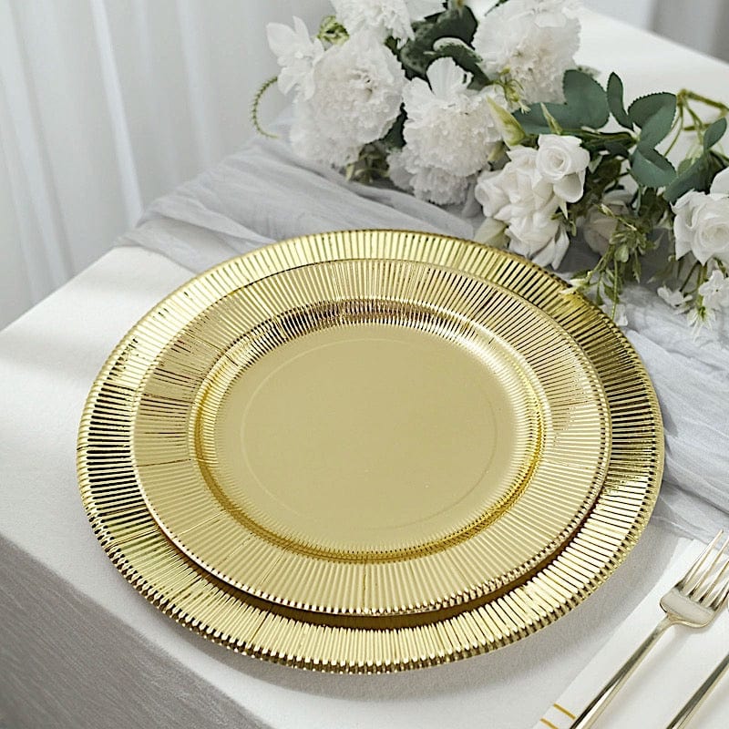 25 Metallic Round Paper Salad Dinner Plates with Textured Rim - Disposable Tableware