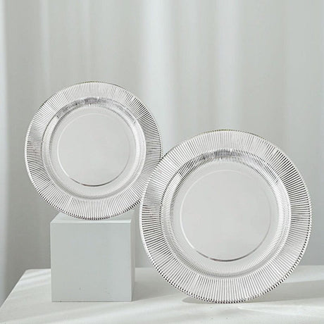 25 Metallic Round Paper Salad Dinner Plates with Textured Rim - Disposable Tableware